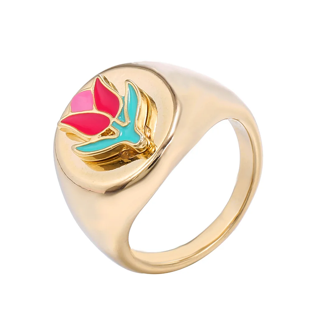 

2021 Vintage Gold Plated Ring Heart Tulip Tai Chi Daisy Four Leaf Clover INS Trendy Chunky Rings Exquisite Y2K Accessories, Multi