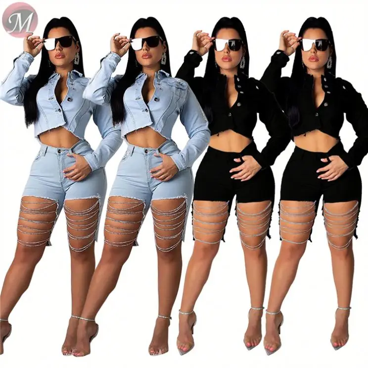 9090921 hot cheap short backless chain stitched women denim pants and jacket stylish lady sets