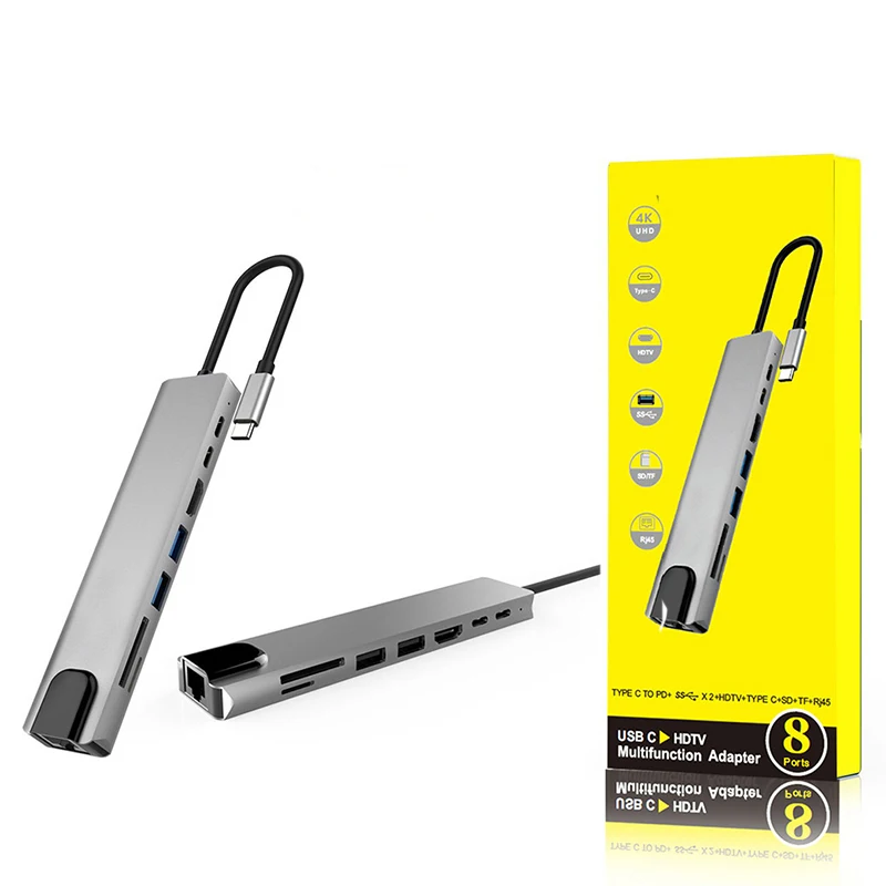 

8 in 1 Type C Hub 4K 30Hz Type C to HDMI-Compatible RJ45 100M Network Card USB C Hub Adapter for MacBook Docking Station, Siliver