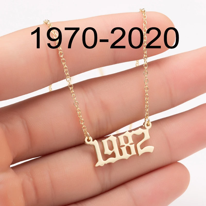 1980 TO 2022 Stainless Steel 18K Gold Birth Year Necklace Personalized Old English Arabic Year Number Pendant Necklace