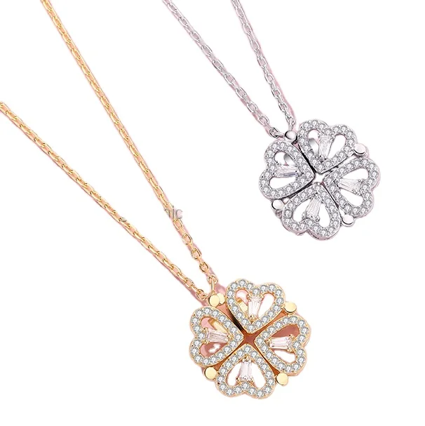 

S925 Sterling Silver Full Diamond Four Leaf Clover Heart Pendant Necklace with Two Ways of Wearing Jewelry for Women