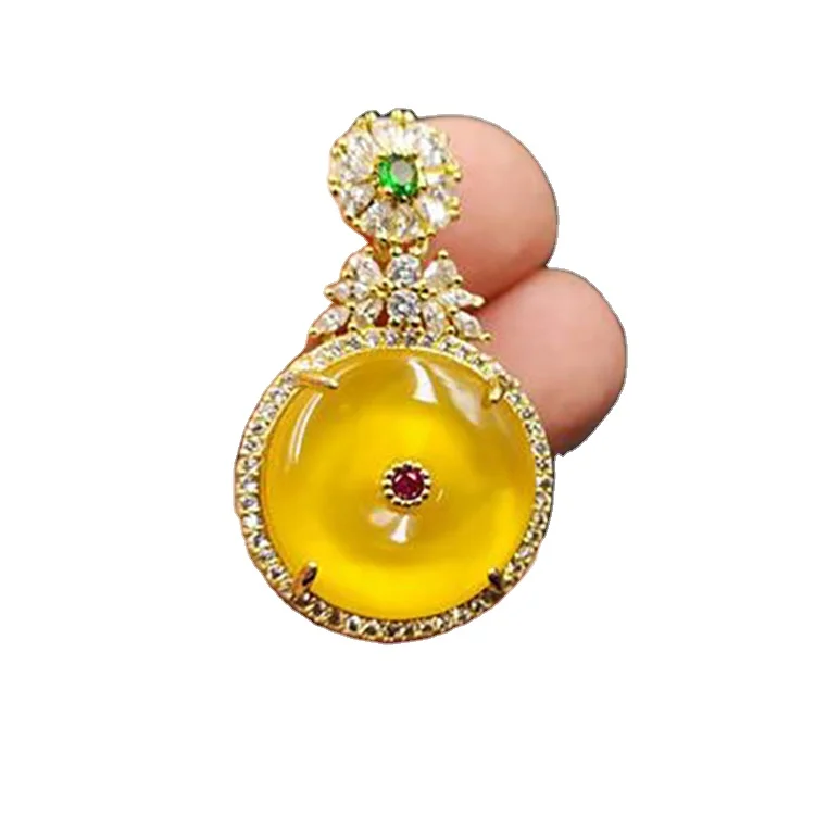 

925 Bright Gold Inlaid Yellow Agate Donut Pendant With Ice Yellow Chalcedony Donut