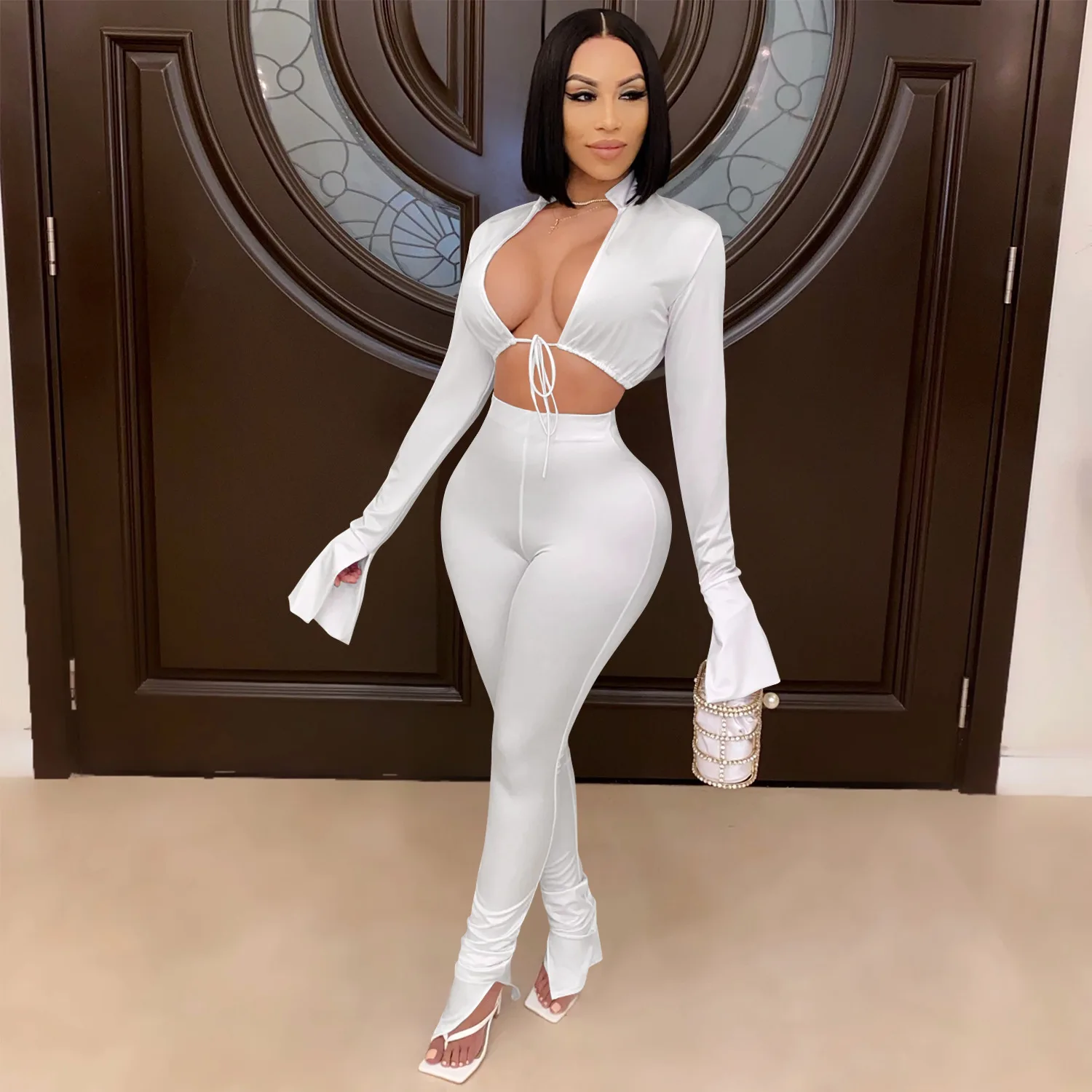 

H4966 - women sexy solid crop top and pants two piece outfits