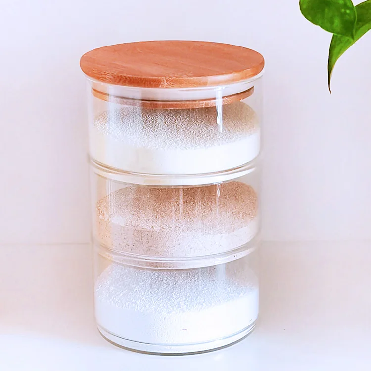 

three glass containers stackable glass jar with bamboo lid for kitchen storage, Transparent color