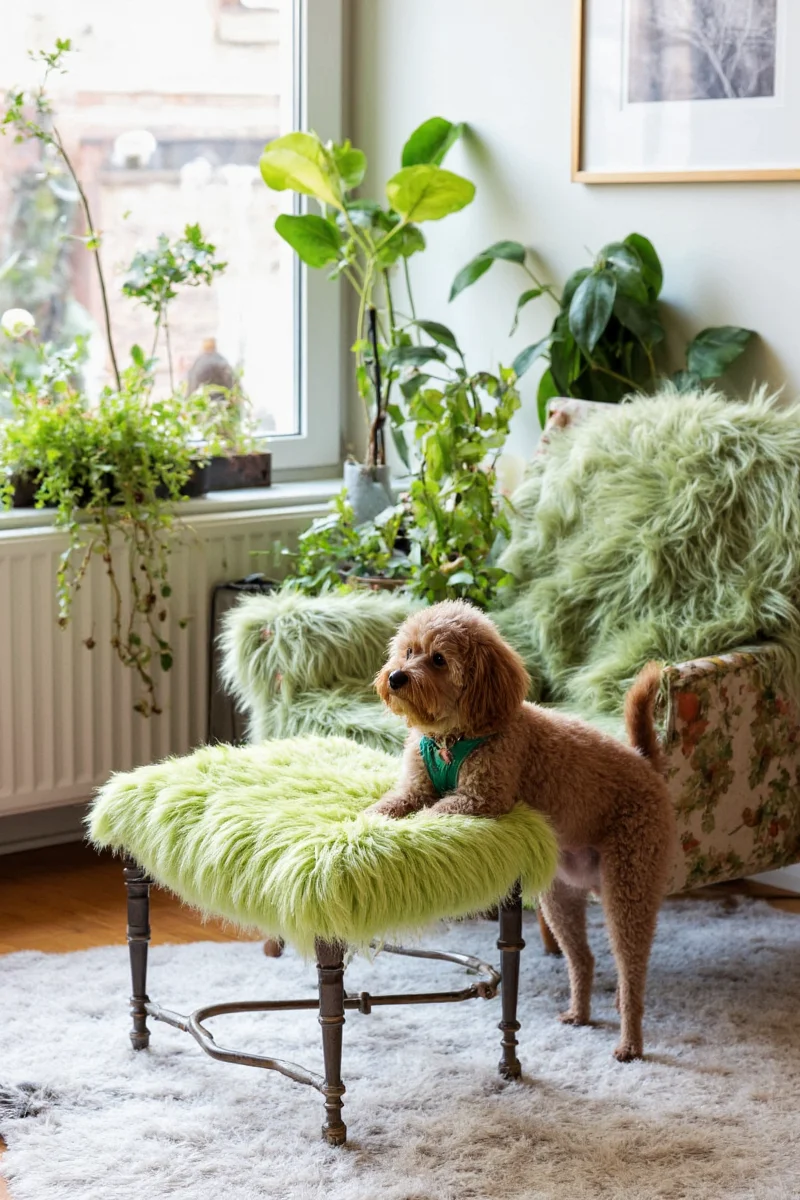 Hanging planters arranged above a cat tree in a bright living area