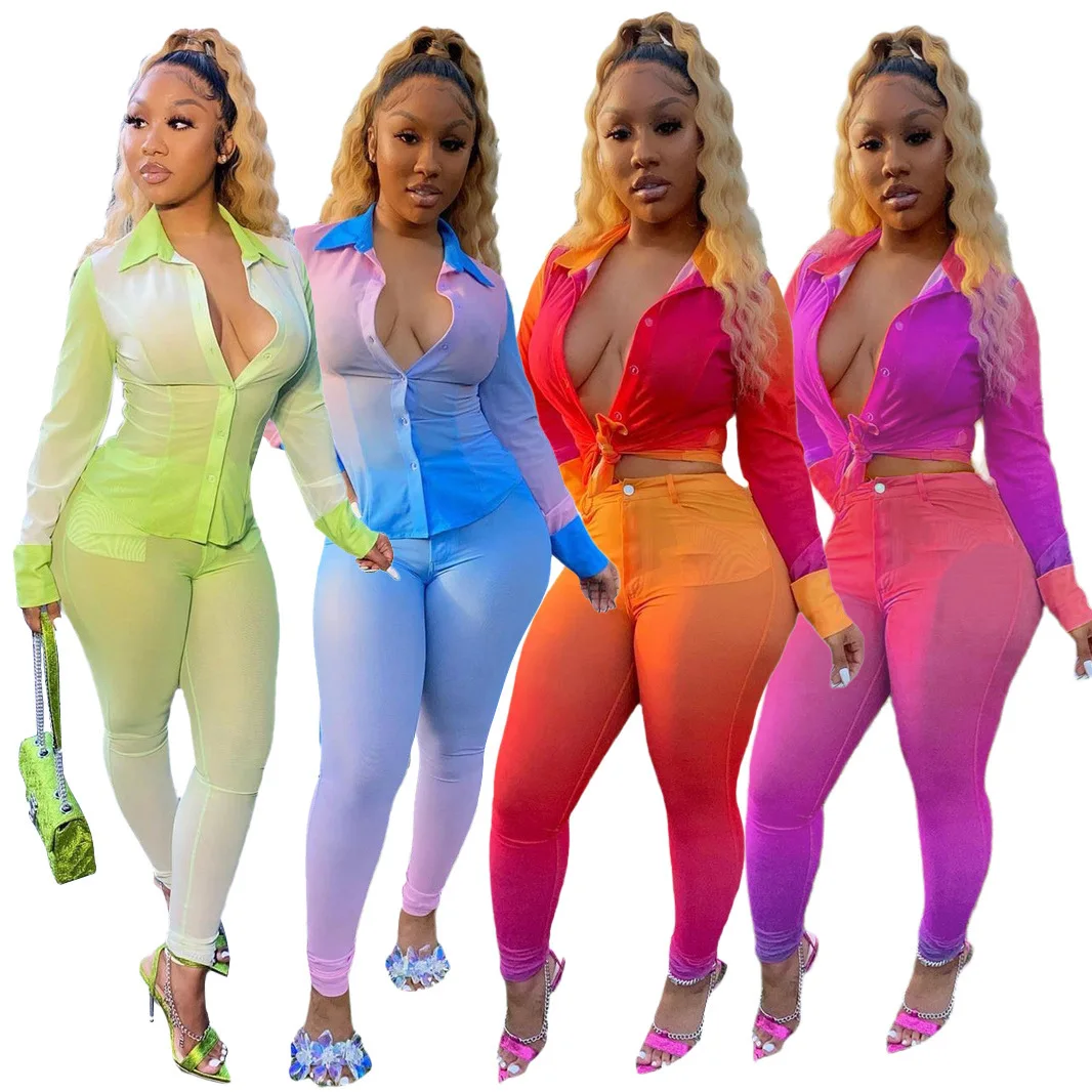 

2021 Chiffon Gradients Casual 3 colors long sleeve spring fall 2 two piece pants set tracksuit women clothing outfits clothes
