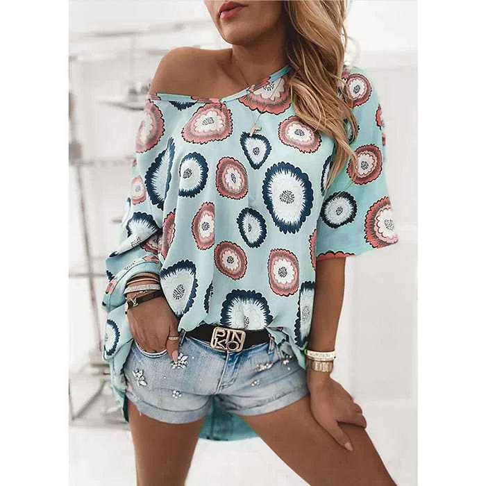 

Women Flower Slash-Neck Top Half Sleeve Blouse, Photo show
