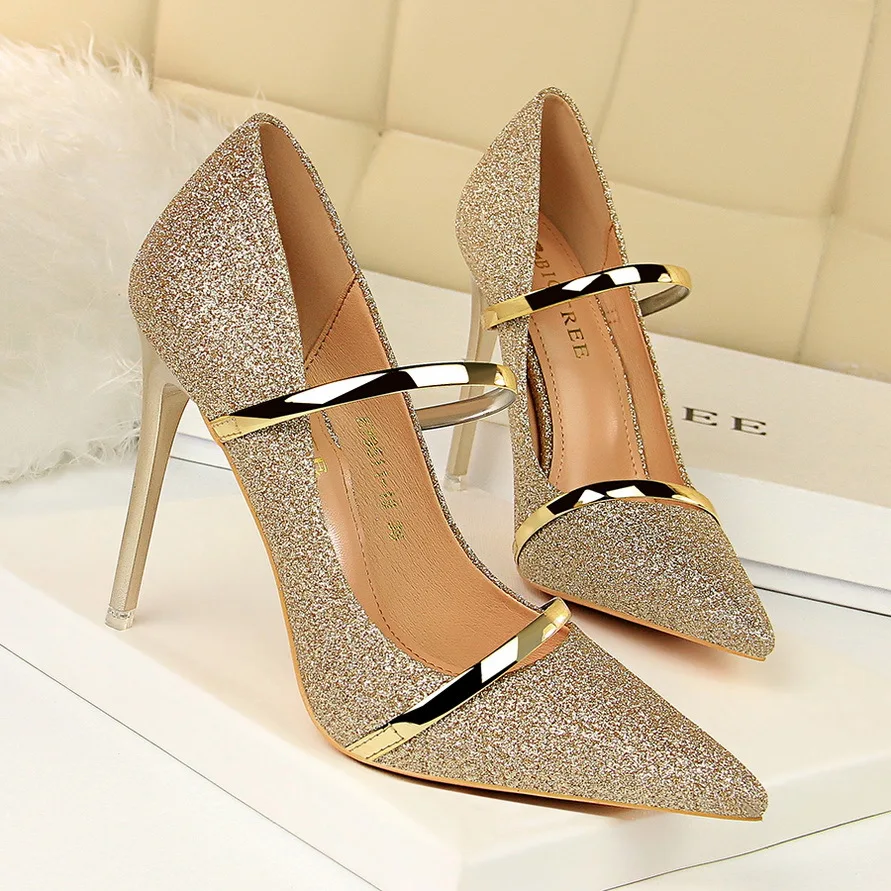 

New gold sequined stilettos with pointed toes and sexy metallic straps for women in spring, Customized colors