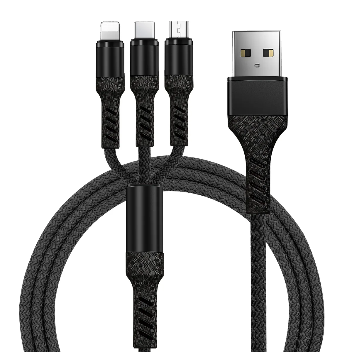 

New Product 3 in 1 USB 3A Fast Charging Cable Usb Nylon Braided Phone Cable for iPhone Phone Cable Logo Customized, As shown