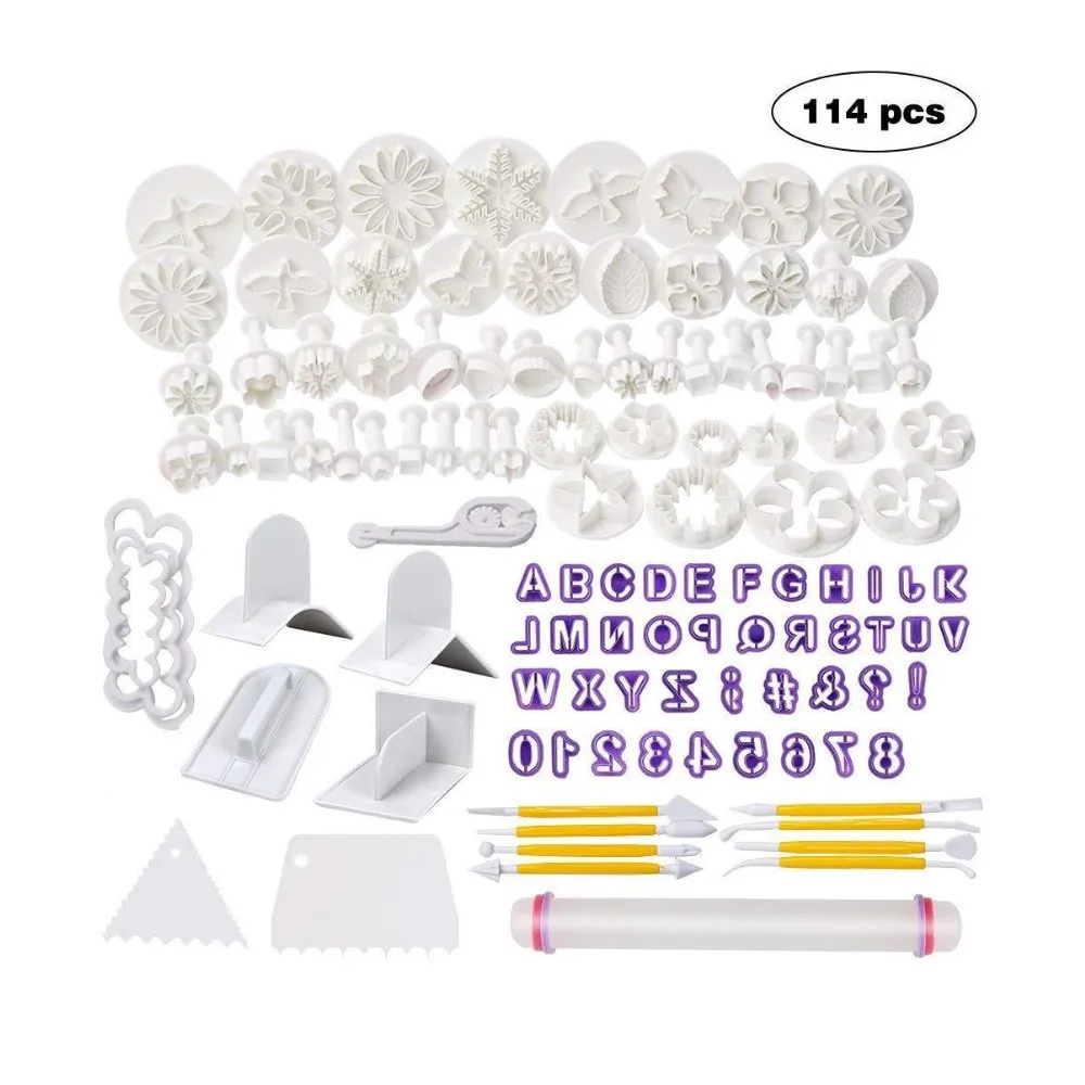 

114 Pcs Cake Decorating Tools Kit Sugarcraft Icing Plunger Cutters Alphabet and Numbers Mold Embosser Flower Scissor Modelling, Picture