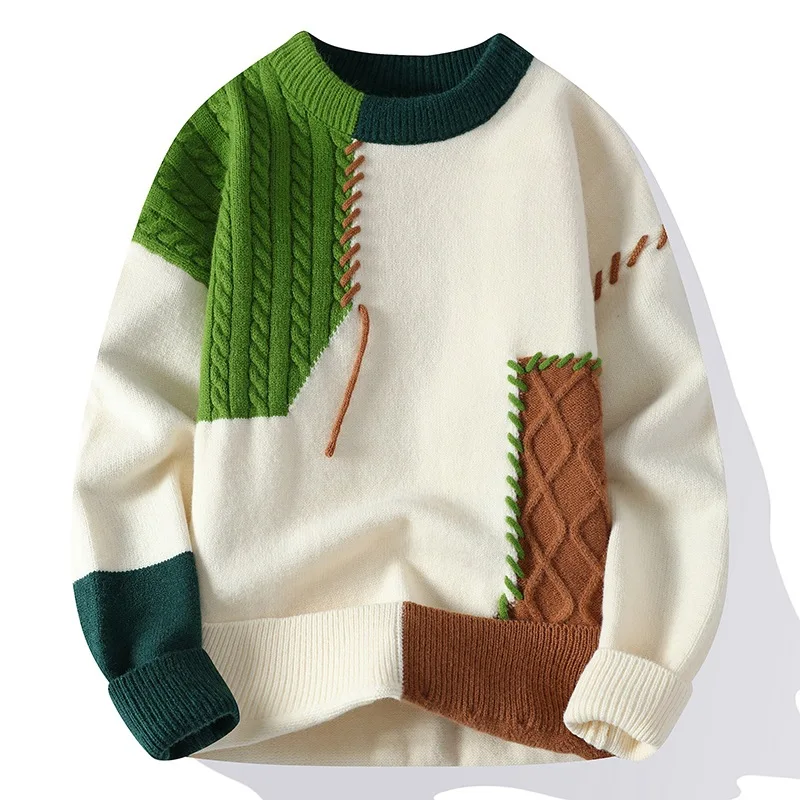 Autumn Winter Men's Casual Base Sweater Best Selling Loose Japanese Design With Patchwork Pattern Ready to Send Men's Sweater