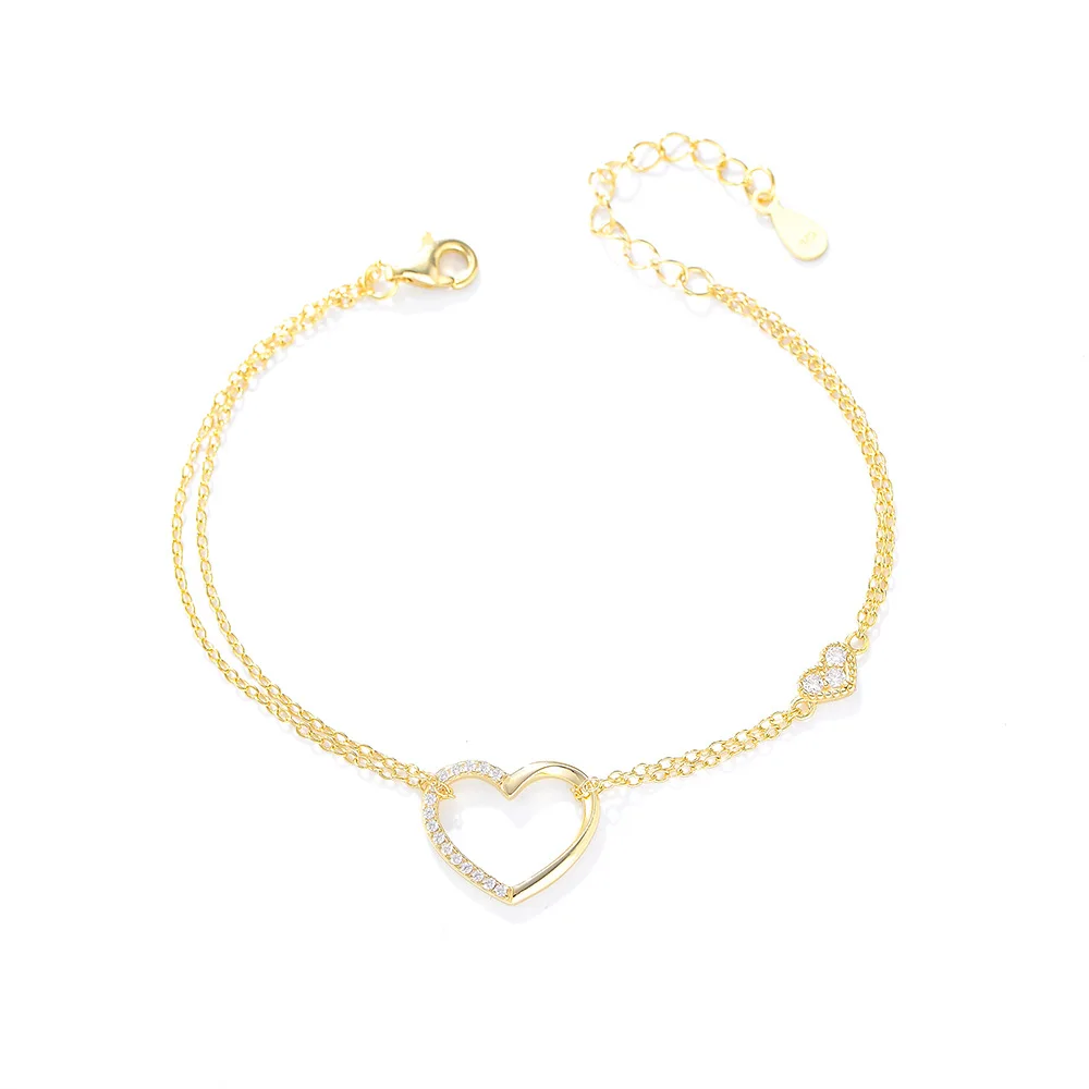 

American European 925 sterling silver hollow love heart zircon double chain gold plated bracelets women Valentine's Day