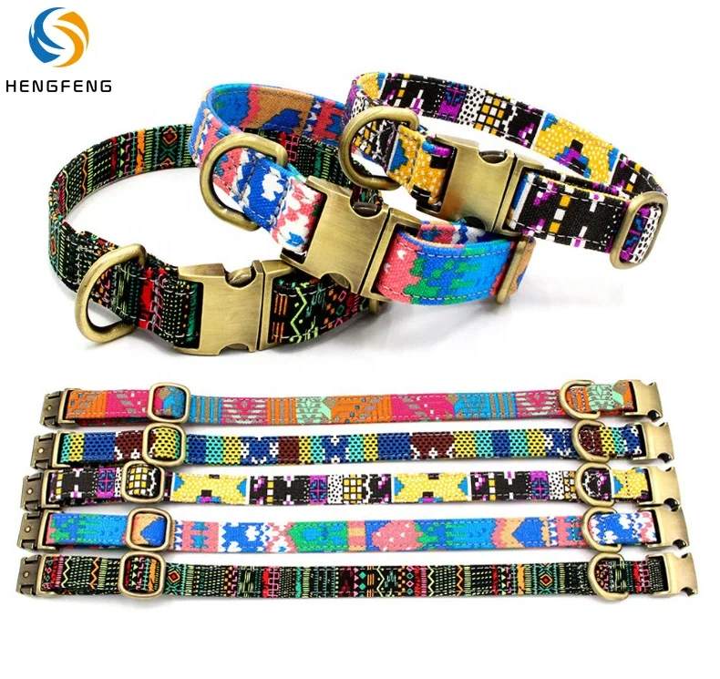 

Wholesale brass buckle polyester canvas sublimation printing bohemian pet Cat dog collar and Leash, Picture shows or custom