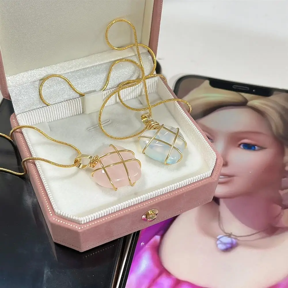 

corazn barbie Cute Girl Opal Gold Pink Crystal Rose Quartz Corazn Barbie Heart Shape Pendant Collar Necklaces