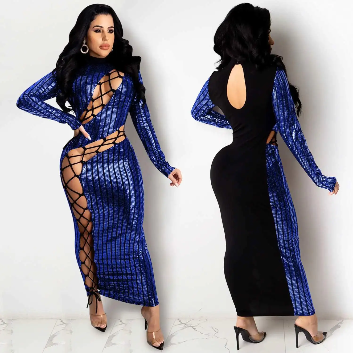 

FREE SAMPLE JHTH Sexy hollow out sequined one-step lave up elegant party evening dresses luxury for women