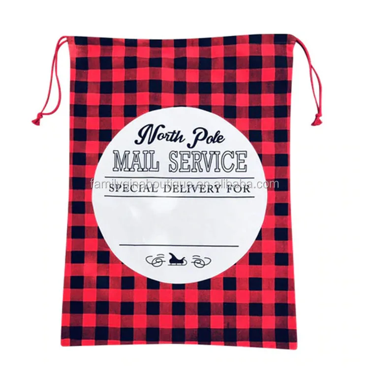 

Wholesale Hot Sale Monogrammed Drawstring Canvas Buffalo Plaid Santa Sack For Gift, As pic show