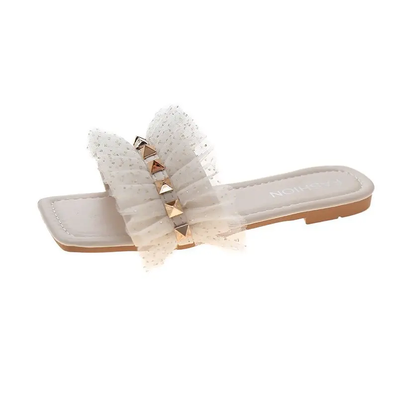 

2021 New Arrival Beach Vacation Casual Slipper Woman Flat Sandals Ruffle Lace Square Head Rivet Cozy Fashion Women's Slippers