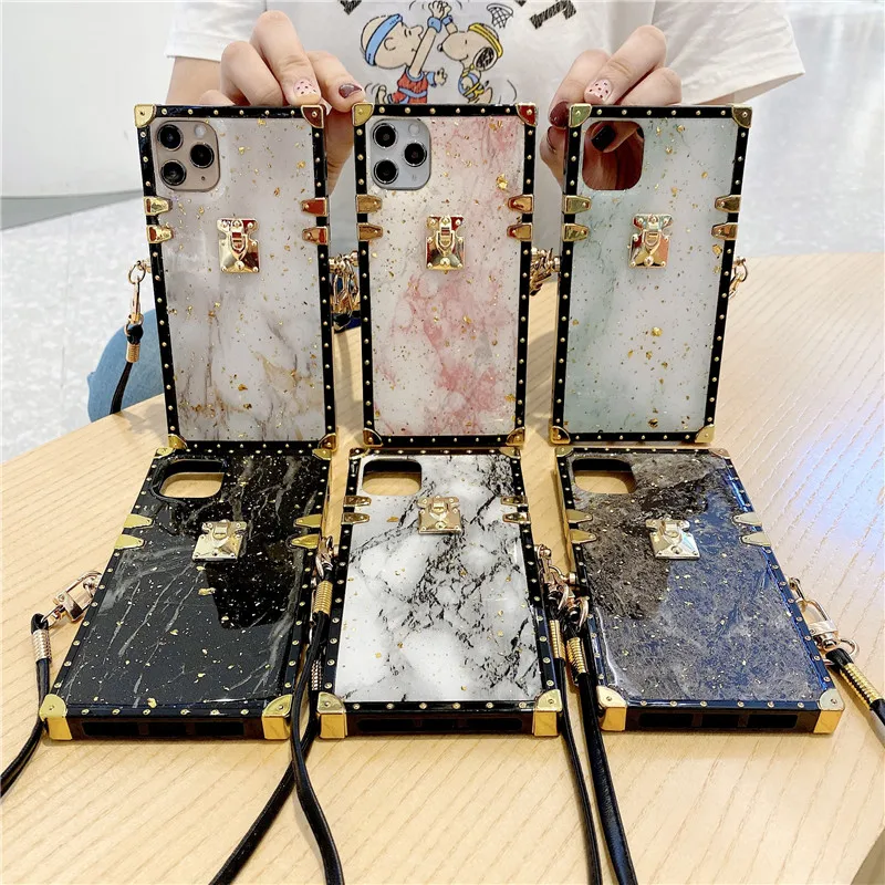

hot sale designers luxury marble square phone cover case with strap for iphone 12 pro max case tpu