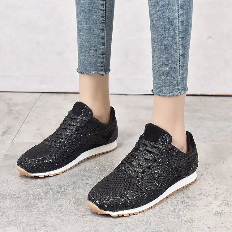 

China Factory Low Price New Fashion Glitter Women Lady Ladies Sneakers Running Shoes women's casual shoes, Black