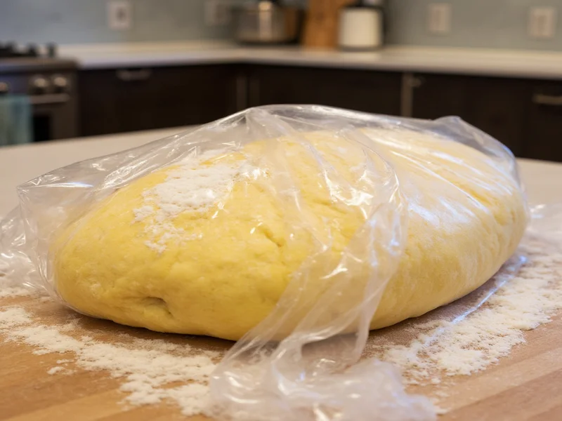 Pasta dough resting wrapped in plastic on kitchen counter