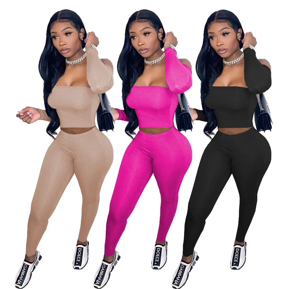 

Women's tube top one-shoulder two-piece tights set with crop tops suit XS womens leggings set