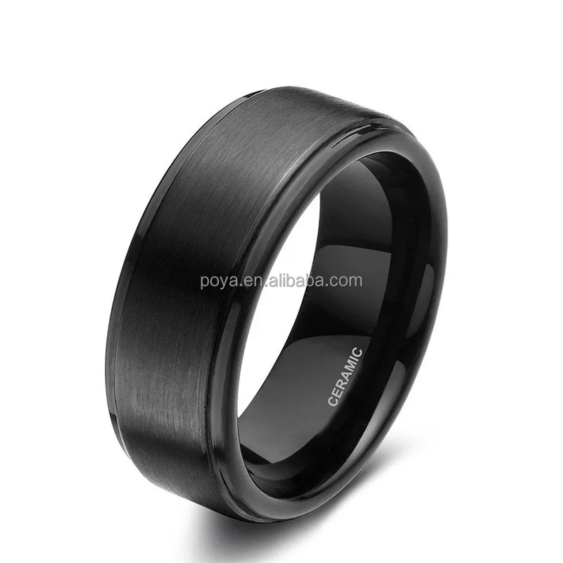POYA 6mm 8mm Black Ceramic Brushed Center Step Edge Promise Unique Ring for Men Anniversary Gift