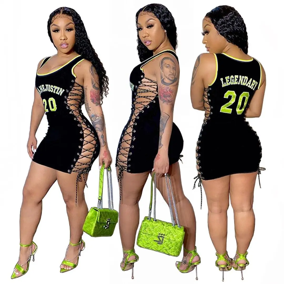 

2021 black sexy bodycon jersey dress summer lace up cut out casual dresses women clothes