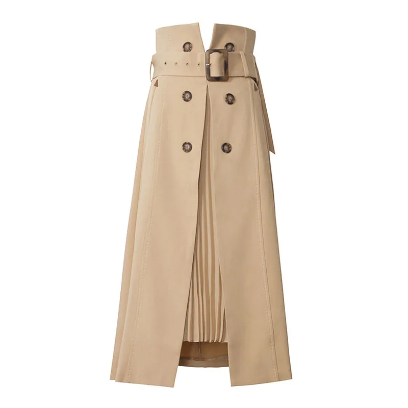 

2021 Tongrui long Straight khaki Casual Cotton Pleating Women vintage midi Skirt