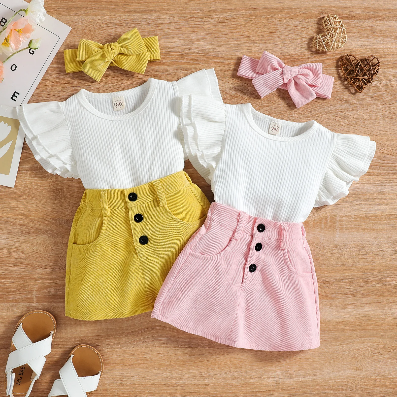 

Baoxin Kids Clothing New Toddler Girls Cotton Fly Sleeve Corduroy Short Skirt Hair Band Three Piece Suit