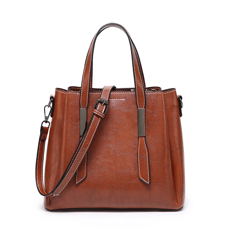 

Solid Color Waxed Leather Handbag With Multiple Pockets Pebble Pattern Vegan Leather Tote Convertible Shoulder Bag For Women