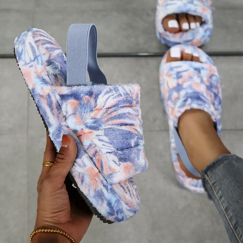 

fashion printed women arket furry sandals fancy floral printing faux fur sandalias mujer winter ladies ankle strap slippers, As the picture show