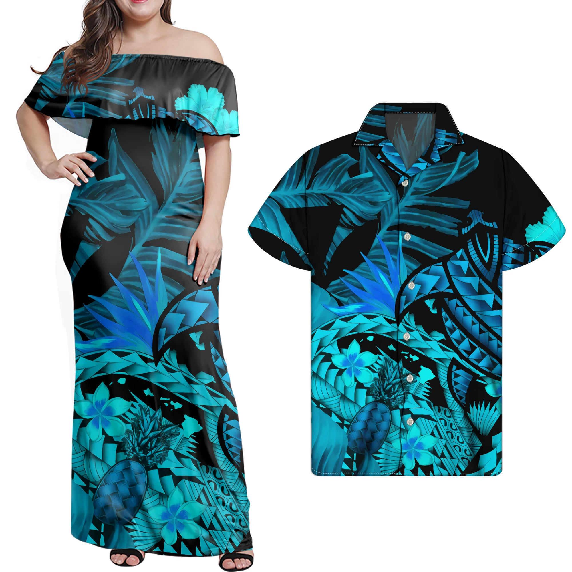 

Blue Polynesian Tribal Sea Turtle Print Off Shoulder Ruffle Long Dress Women Match Men Shirts Custom Print Couple Clothes Set