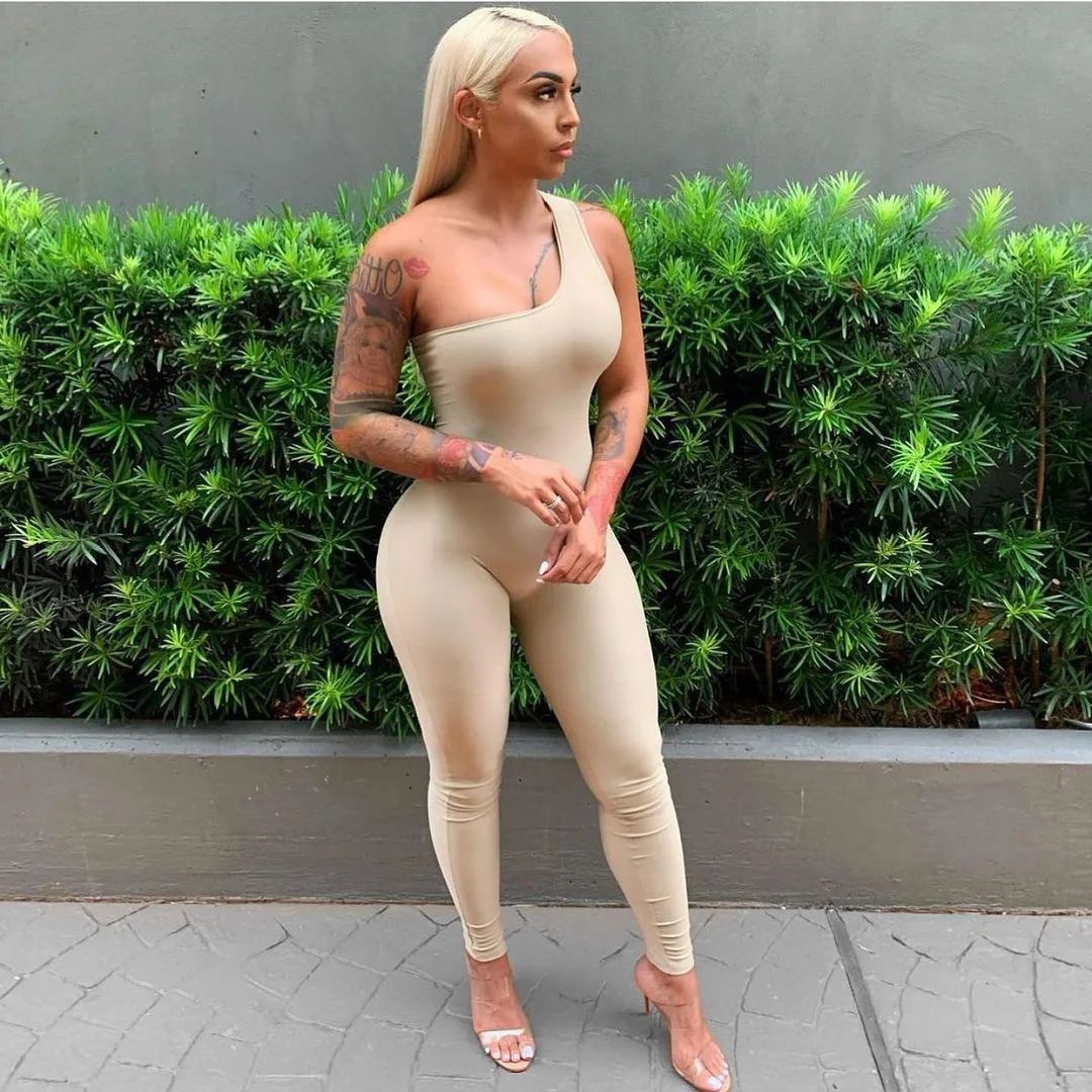 

Summer one shoulder sleeveless nude jumpsuit sexy bodycon fitness one piece jumpsuits women 2021