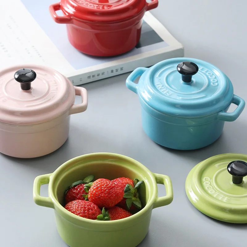 

Round mini ceramic masterclass premium cookware casserole with lid, Blue pink red green