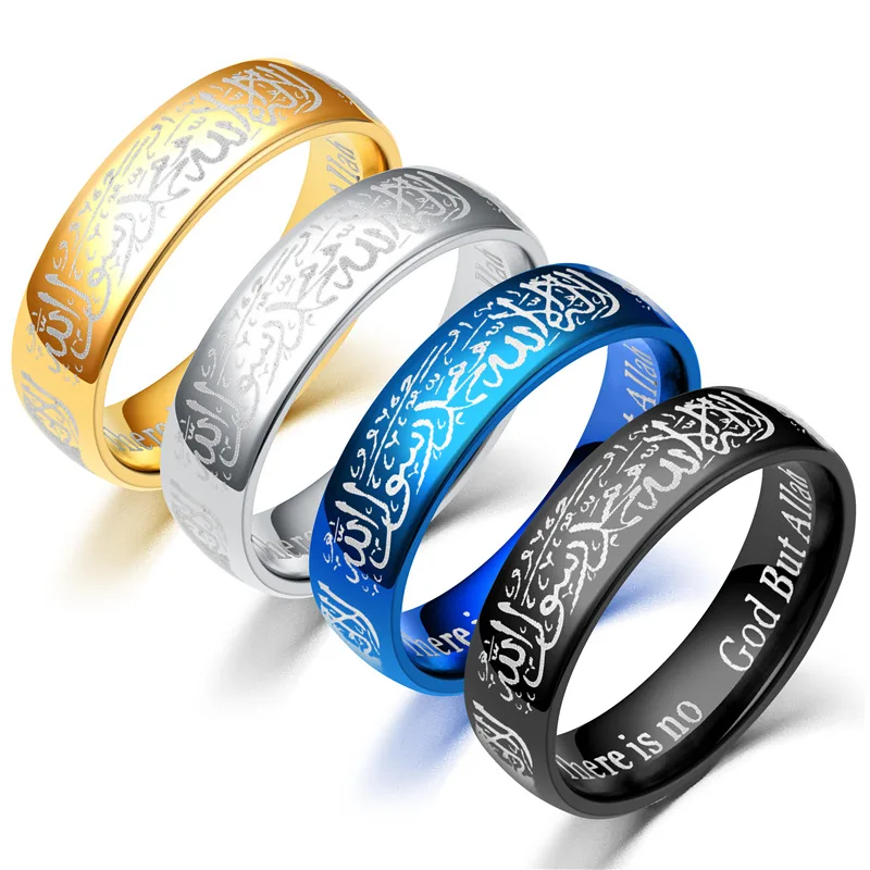 

New Muslim Stainless Steel Men's Ring fashion religious jewelry 6/8mm blue black gold silver muslim ring for islamic man jewelry