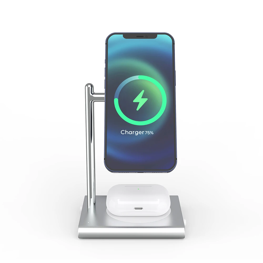 

2021 new arrivals 3 in 1 wireless phone holder 15W 2 in 1 wireless charger fast charging for phone 12 for earphone