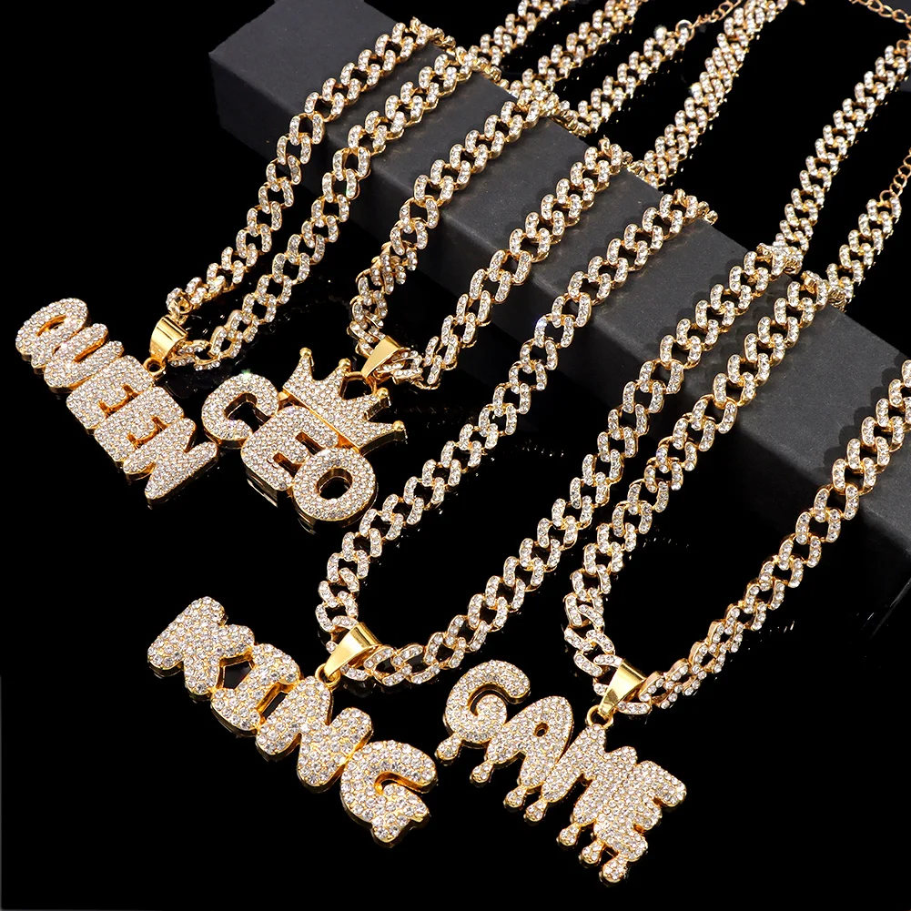 

Hip Hop Women Men Jewelry Iced Out Cuban Link Chain Letter Necklace Crown CEO Letter Pendant Necklace, Gold silver plated