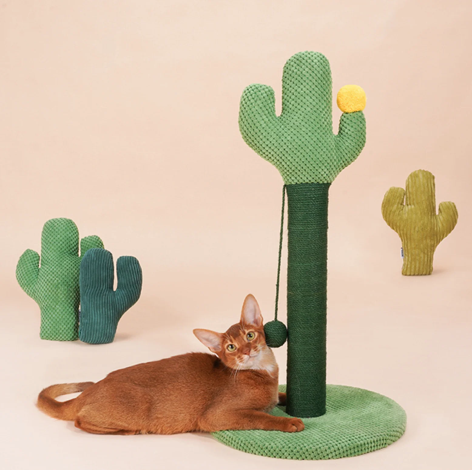 

Natural Sisal Cat Scratching Post Cactus Cat Scratcher Featuring 3 Scratching Poles and Dangling Ball, Gree