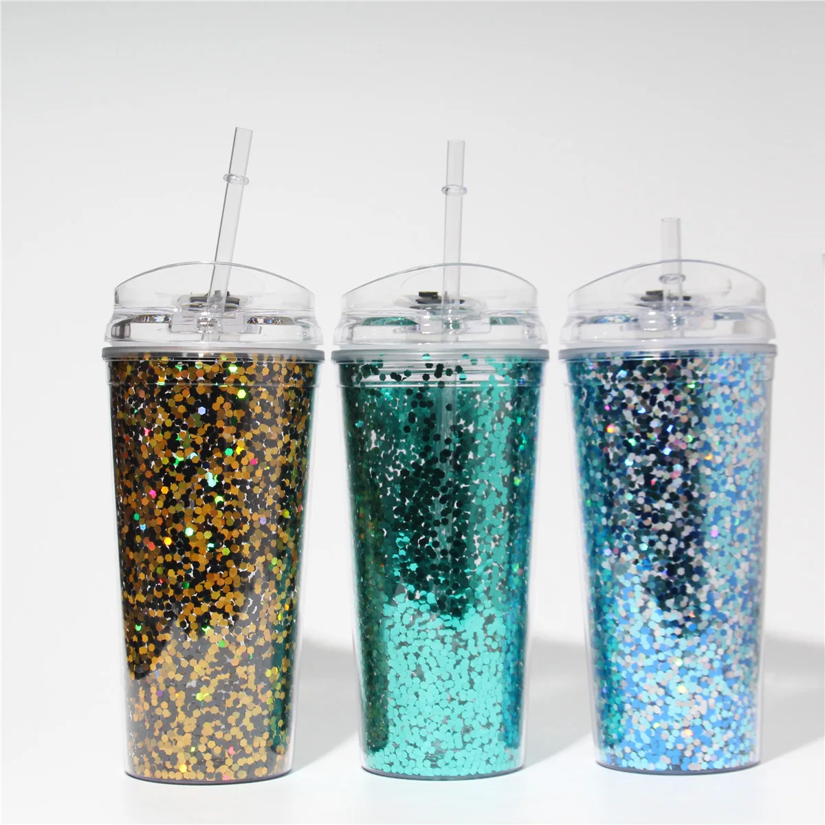 

22oz double walled plastic tumbler glitter water bottle with reusable plastic straw and different lids