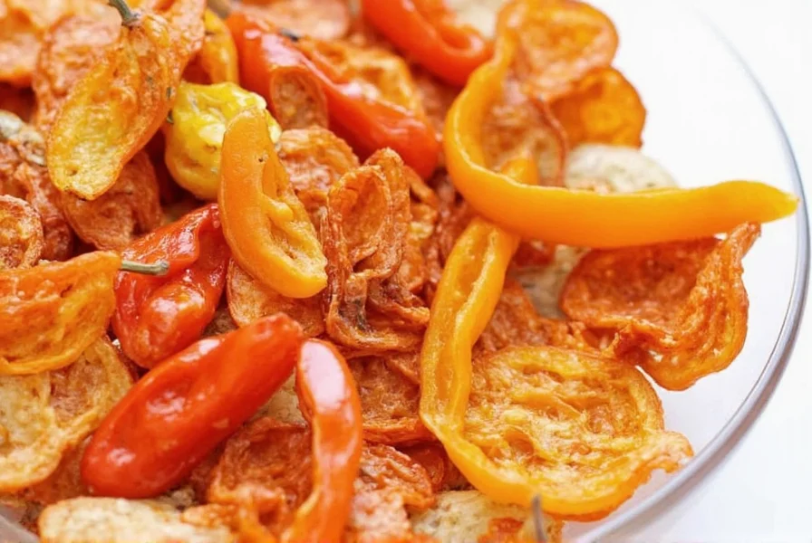 Crispy fried bell pepper chips on salad