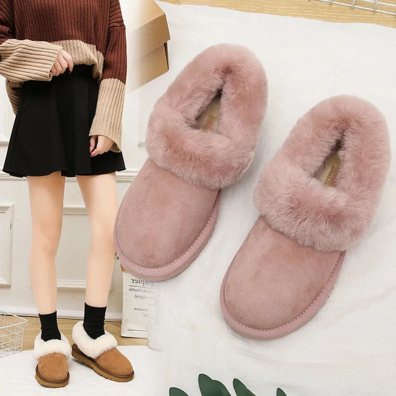 

2021New Winter Boots Women Fur Slip-on Cotton Home Shoes Winter Cute Plush Loafers Warm Short Snow Boots Female Furry Flat Shoes