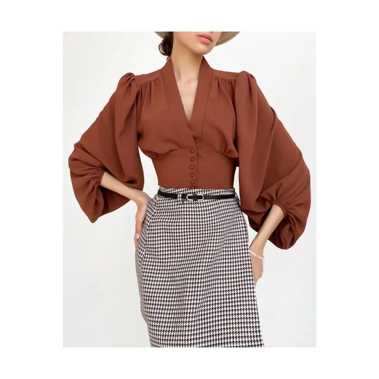 

New arrival women ladies puff lantern long sleeve button v-neck blouse casual shirts crop tops