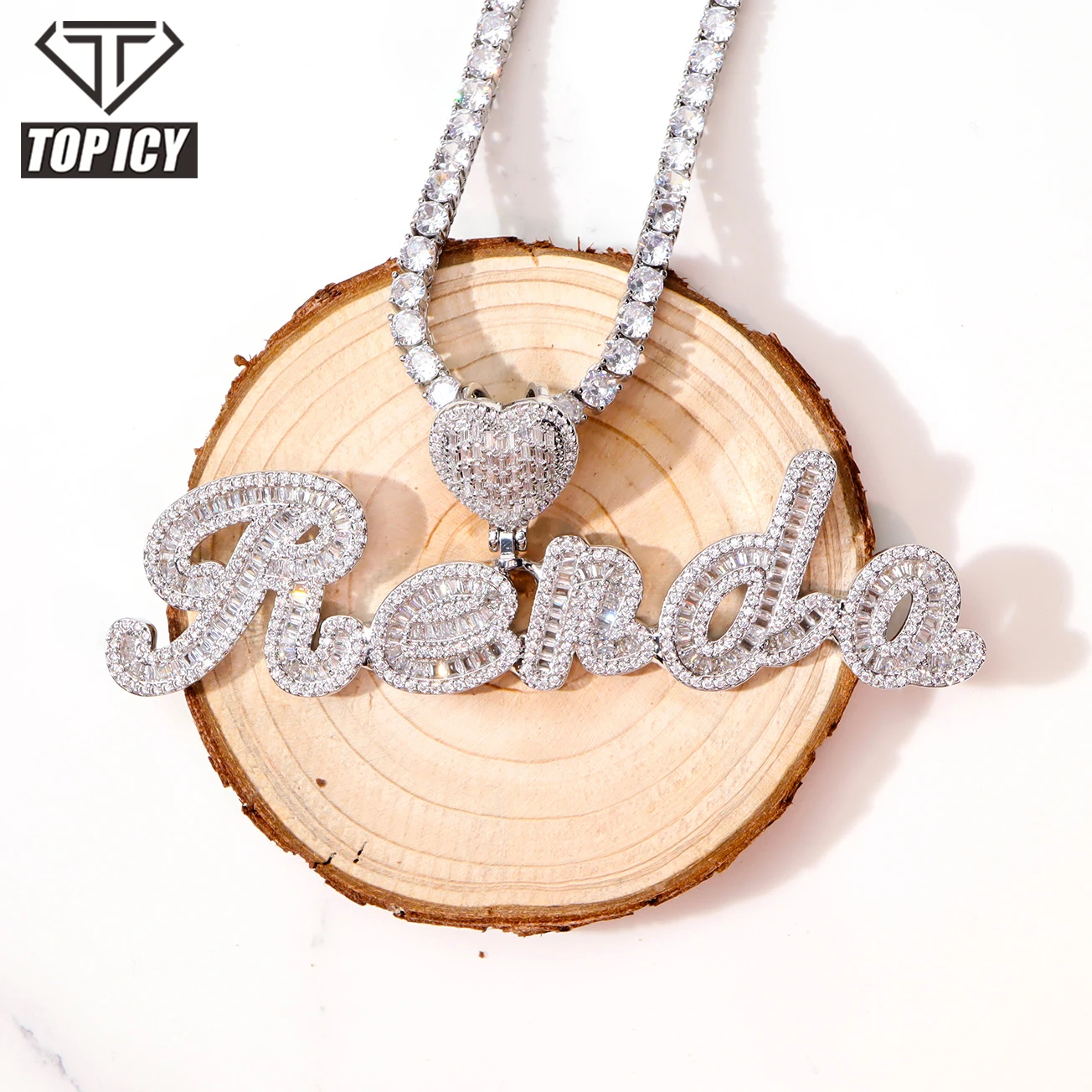 

TOP ICY baguette Brush font curved customised name necklace personalised CZ zircon heart hook bling name necklace