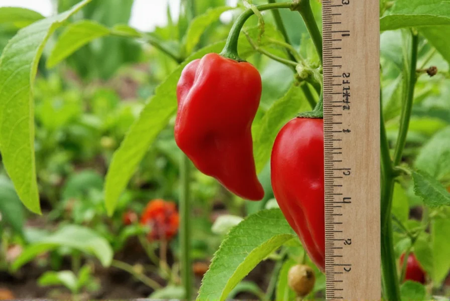 Close-up photograph of red ghost peppers growing on plant in garden setting with measuring tape showing size