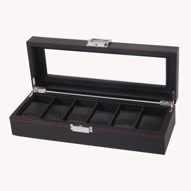 

New Design wholesale 6 slots carbon fiber leather watch display case, Black