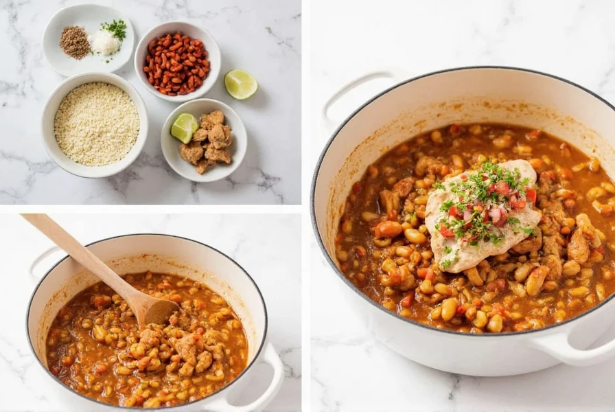 Step-by-step preparation of chicken white bean chili showing ingredients in bowls, sautéing chicken, and finished dish in white bowl with toppings