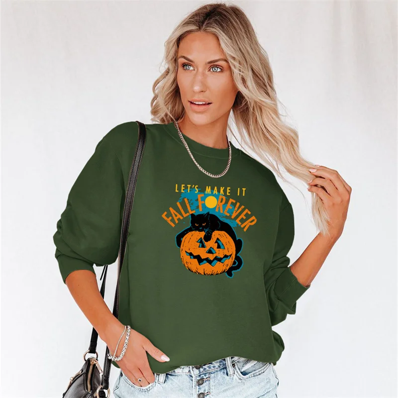 

New Fashion Wear Ladies Long Sleeve O-Neck Blouses Shirt Halloween Pumpkin Printed Crop Tops Pullover, Customized color