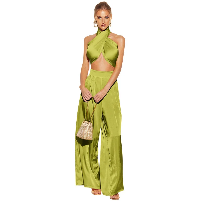 

2021 woman clothing latest fashion women two pieces set casual elegant satin sexy tie up top and wide legs pants set, Yellow, green, blue