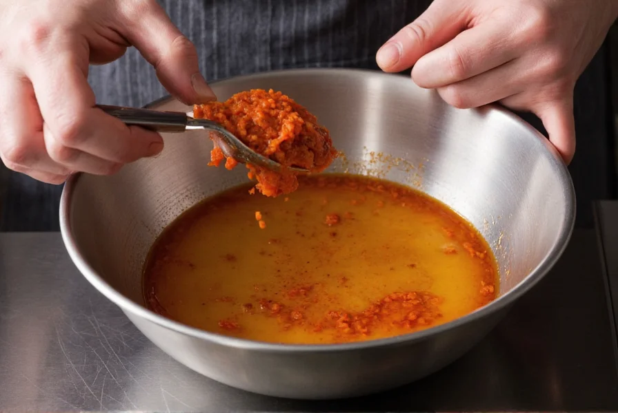 Professional chef mixing chipotle chili paste with olive oil in stainless steel bowl