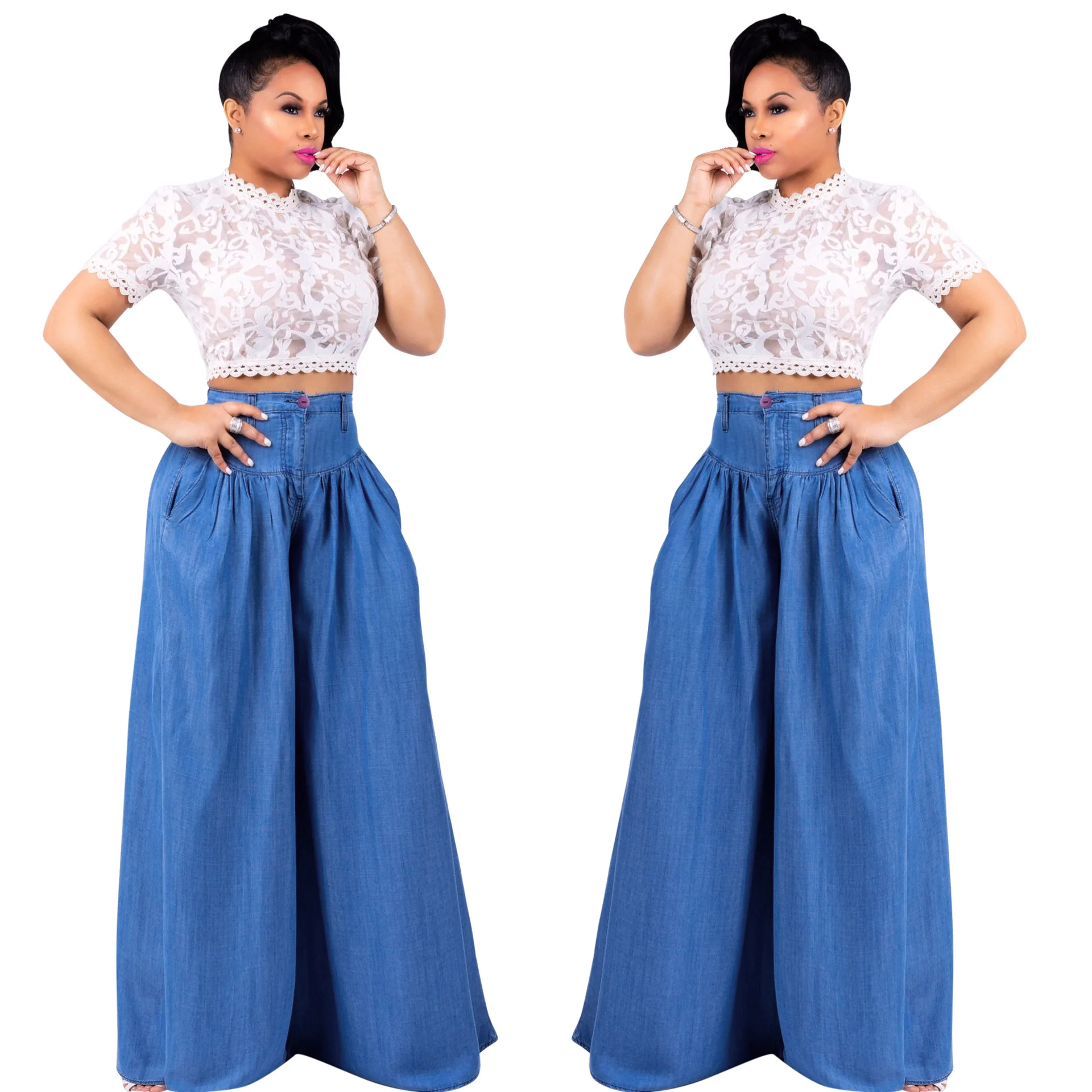 

Fashion Wide Leg Jeans Women High Waist Blue Pants Full Length Jeans